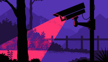Security camera surveillance in a rural landscape at night