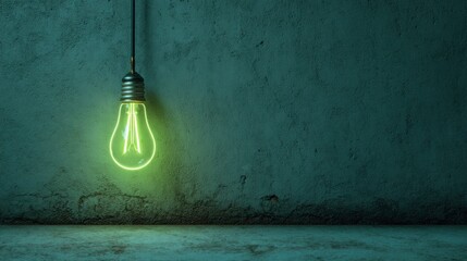 Glowing green light bulb hangs against a dark, textured wall, above a dusty floor