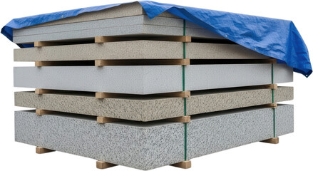 Stacked rectangular construction panels covered with a blue tarp resting on wooden beams and secured with green straps for protection material building insulation storage industry securing