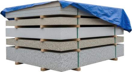 Stacked rectangular construction panels covered with a blue tarp resting on wooden beams and secured with green straps for protection material building insulation storage industry securing