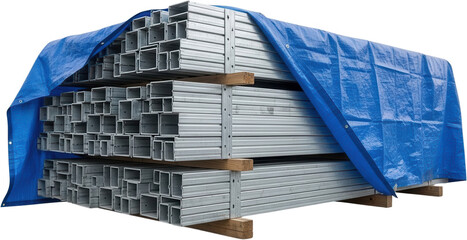 Stacks of silver metal rectangular tubes are covered partially by a blue protective tarp resting on wooden beams for storage 187 characters steel construction building materials industrial