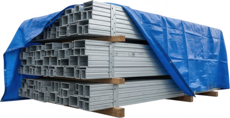 Stacks of silver metal rectangular tubes are covered partially by a blue protective tarp resting on wooden beams for storage 187 characters steel construction building materials industrial