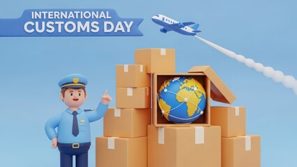 International Customs Day concept with cartoon officer, packages, globe, and airplane