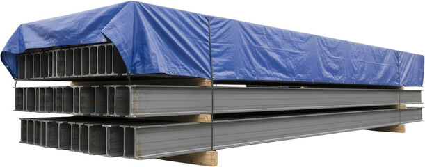 Stacked steel I beams protected by a blue tarp resting on wooden pallets at a construction site for industrial purposes steel beams metal building materials material manufacturing structure