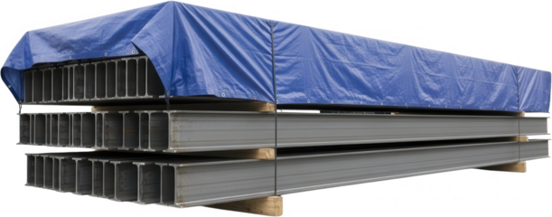 Stacked steel I beams protected by a blue tarp resting on wooden pallets at a construction site for industrial purposes steel beams metal building materials material manufacturing structure