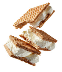 Waffle-sandwiched ice cream snacks stack, floating