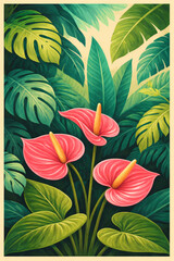 Obraz premium A vibrant illustration of three pink Anthurium flowers amidst lush green foliage, creating a captivating tropical botanical art piece.