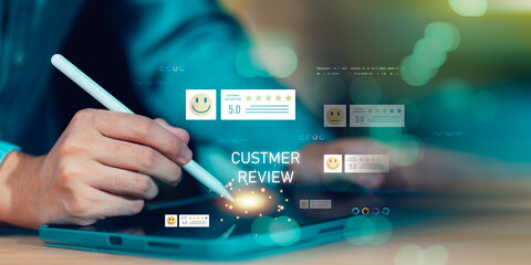 Digital interface showing customer review ratings with smiley icons ,star scores, representing customer satisfaction, product feedback, service evaluation, impact online reputation digital marketing