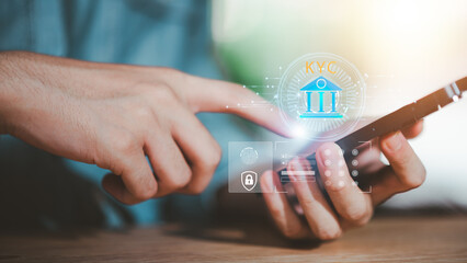 KYC digital verification concept with mobile banking interface, identity authentication, fintech...
