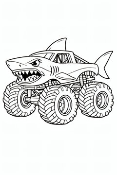 A shark-themed monster truck is shown in black and white, featuring a shark head cab and huge tires for crushing obstacles on a coloring page.