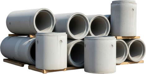 Stacked concrete drainage pipes with circular openings are neatly arranged on wooden pallets showcasing industrial construction materials concrete pipes infrastructure building civil engineering