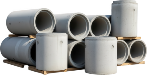 Stacked concrete drainage pipes with circular openings are neatly arranged on wooden pallets showcasing industrial construction materials concrete pipes infrastructure building civil engineering
