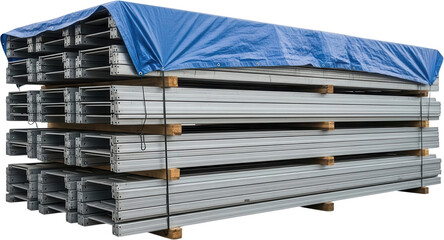 Stacked metallic construction beams covered with a blue protective tarp resting on wooden pallets in an outdoor setting awaiting assembly or storage metal beams industrial building materials