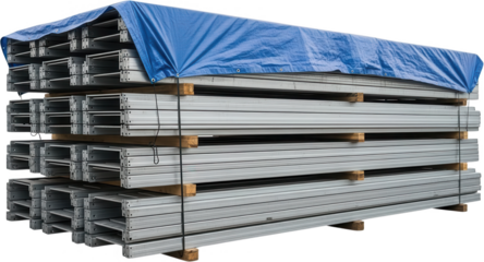 Stacked metallic construction beams covered with a blue protective tarp resting on wooden pallets in an outdoor setting awaiting assembly or storage metal beams industrial building materials