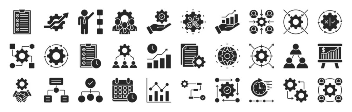 Workflow glyph style  icon set collection. Included planning, scheme, process, flowchart, progress, management, automation and more. Editable stroke. Vector illustration eps 10
