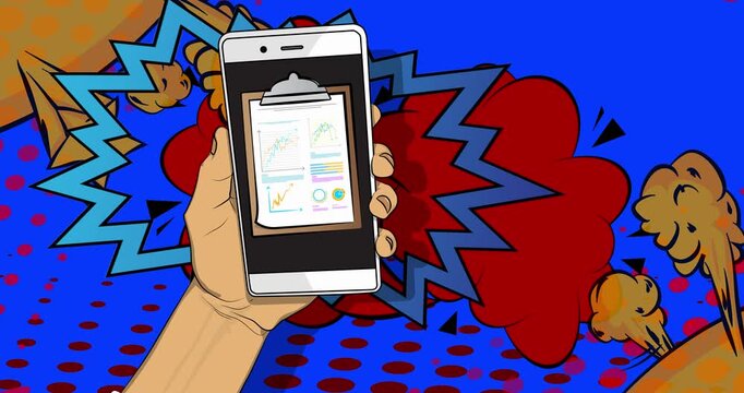 Cartoon Smartphone, comic book Telephone with business report. Retro animation, comics pop art video.