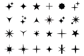 Obraz premium Twinkle star icon. Sparkle stars icon, twinkle star shape silhouette symbols. Shine or sparkle vector set of eighteen various stars in black colour on white background. Retro futuristic sparkle icons.