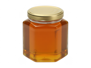 Honey in a hexagonal glass jar with a gold lid isolated on a transparent background