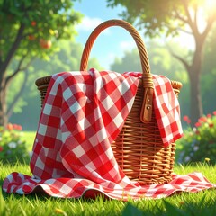Wicker basket with red checkered blanket in a sunny outdoor park