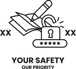 A black and white image of a lock with a pencil and a book on top of it