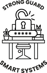 A black and white image of a lock with a key on it