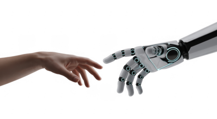 Human hand touching robotic hand technology artificial intelligence isolated on a transparent background