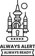 A castle with a key on it and the words Always Alert Always Ready