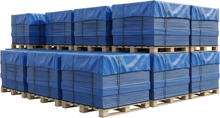 Stacks of flat blue material neatly arranged on wooden pallets and covered with blue protective tarps tied with black straps Stored outdoors cargo logistics delivery storage transportation