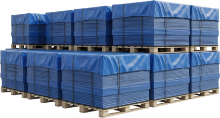 Stacks of flat blue material neatly arranged on wooden pallets and covered with blue protective tarps tied with black straps Stored outdoors cargo logistics delivery storage transportation