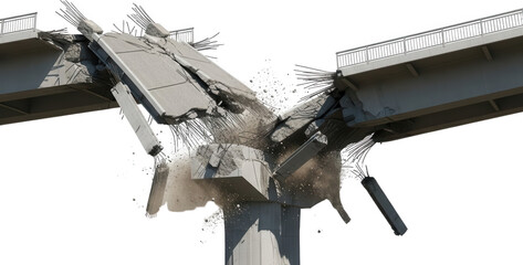 A concrete bridge collapsing with exposed rebar and debris flying from the impact symbolizing destruction and disaster collapse broken damaged ruin failure catastrophe hazard demolition