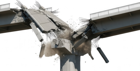 A concrete bridge collapsing with exposed rebar and debris flying from the impact symbolizing destruction and disaster collapse broken damaged ruin failure catastrophe hazard demolition