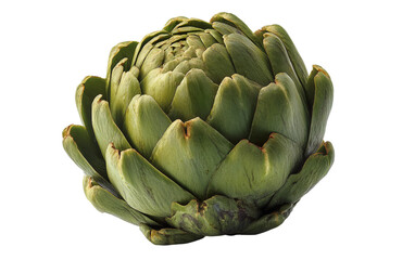 Fototapeta premium Whole artichoke with tightly layered green bracts showcasing fresh natural vegetable structure isolated on transparent background PNG