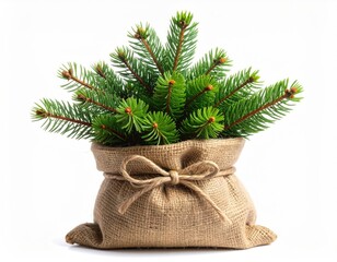 Lush evergreen sprigs spilling from a rustic burlap sack, tied with twine