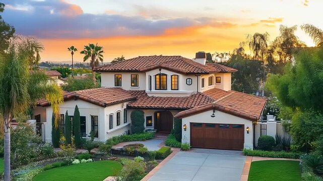 Luxurious stucco residence with terracotta roof tiles at sunset
