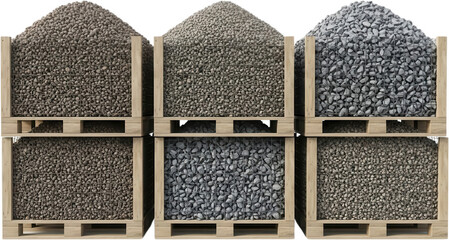 Six wooden crates filled with various types of gravel and crushed stone sit stacked on pallets showcasing different textures and sizes of aggregate material construction materials building