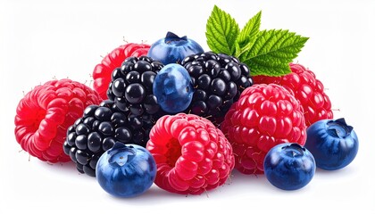 A vibrant mix of fresh berries, brightly colored, with green leaves