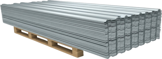 Stacked corrugated metal sheets with a ribbed profile resting on a wooden pallet ready for construction or industrial use construction materials building materials industrial supply