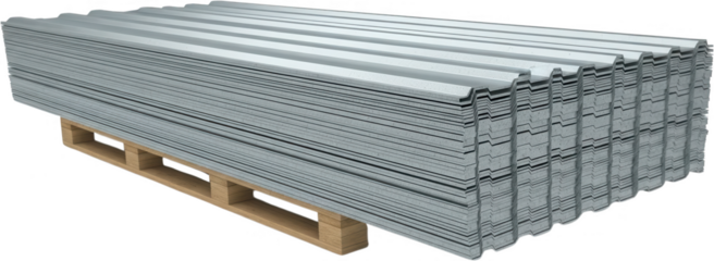 Stacked corrugated metal sheets with a ribbed profile resting on a wooden pallet ready for construction or industrial use construction materials building materials industrial supply