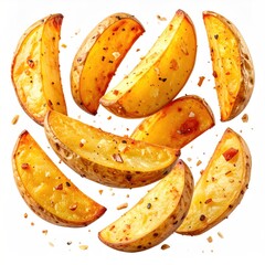 Golden, spiced potato wedges appear to float against a white backdrop
