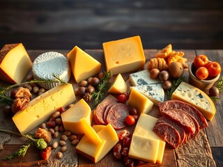 A surreal still life of artisanal cheeses and charcuterie laid out as a tessellated puzzle, highlighting textures and hues,  puzzle,  creative