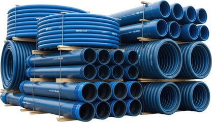 Stacked rows of blue plastic pipes and coiled corrugated pipes are neatly arranged on wooden pallets showcasing industrial supplies plumbing construction materials supply conduit PVC