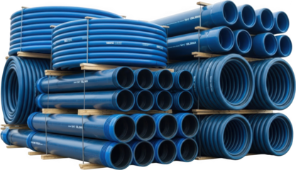 Stacked rows of blue plastic pipes and coiled corrugated pipes are neatly arranged on wooden pallets showcasing industrial supplies plumbing construction materials supply conduit PVC