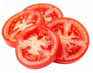 Sliced red tomato, with visible seeds and juicy texture, on white