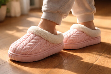 Step into comfort with these cozy pink slippers. Perfect for relaxing at home! Soft textures and warm colors evoke relaxation and ease.