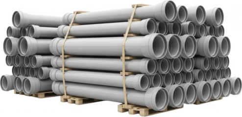 A large stack of grey PVC pipes neatly arranged on wooden pallets secured with straps ready for transport and construction A substantial industrial material stockpile plumbing supply