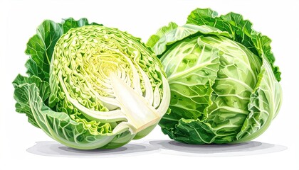 Two cabbages, one cut, showcasing layered leaves and vibrant greens