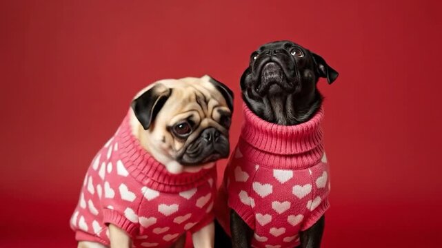 Two Adorable Pugs in Heart Sweaters on Red Background Perfect for Pet Lovers and Holiday Gifts
