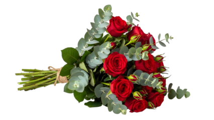 A bouquet of red roses isolated on transparent background with green leaves and stems