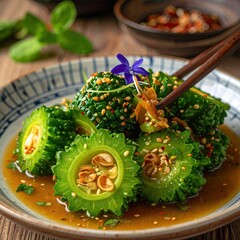Bitter melon dish served in patterned bowl with chopsticks and garnishes