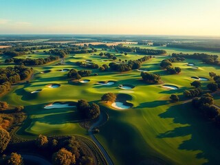 Expansive golf course layout featuring multiple holes and lush green fairways,  leisure,  landscape